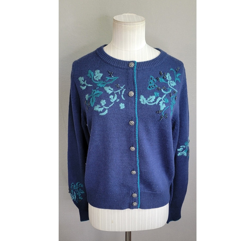Sundance Cardigan Small Blue Floral Embroidered Beaded Wool Blend Womens Classic